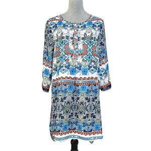 Figueroa & Flower Floral Geometric Tunic Top Blouse Dress Semi Sheer L Summer